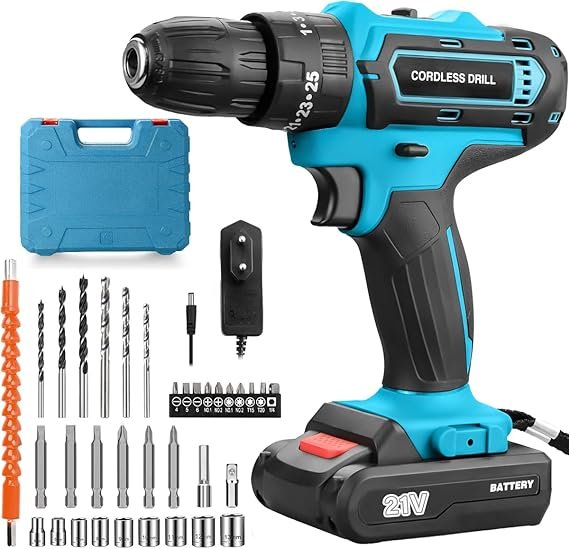 Parafusadeira e Furadeira à Bateria 21V com 2 Baterias e Carregador, 2 Velocidades Variáveis, Luzes LED, Kit de 25 Acessórios e Maleta, Conjunto Completo para Perfuração e Parafusamento, Azul Parafusadeira e Furadeira à Bateria 21V com 2 Baterias e Carregador, 2 Velocidades Variáveis, Luzes LED, Kit de 25 Acessórios e Maleta, Conjunto Completo para Perfuração e Parafusamento, Azul - Imagem 1